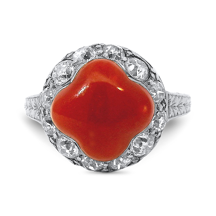 PAGE Estate Ring Edwardian Platinum and 14K White Gold Carved Coral and Diamond Ring 5.5