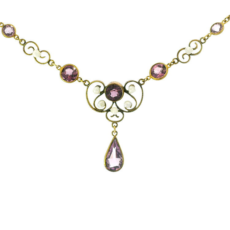 PAGE Estate Necklaces and Pendants Estate 10k Yellow Gold Chandelier Necklace with Purple Glass & Pearls