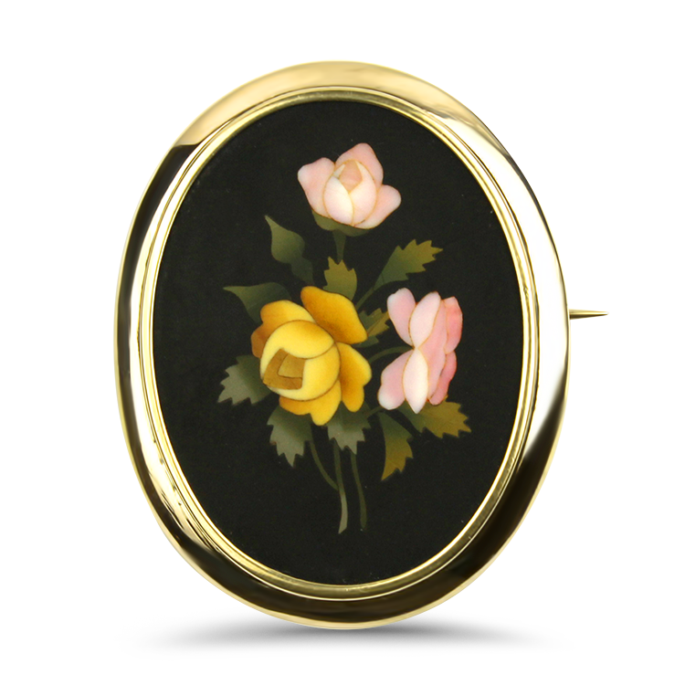 PAGE Estate Pins & Brooches Estate 10K Yellow Gold Oval Pietra Dura Peony Brooch