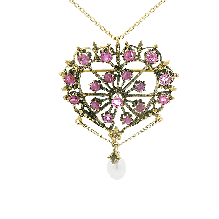 PAGE Estate Pins & Brooches Estate 10k Yellow Gold Pink Sapphire and Pearl Heart Pendant/Brooch