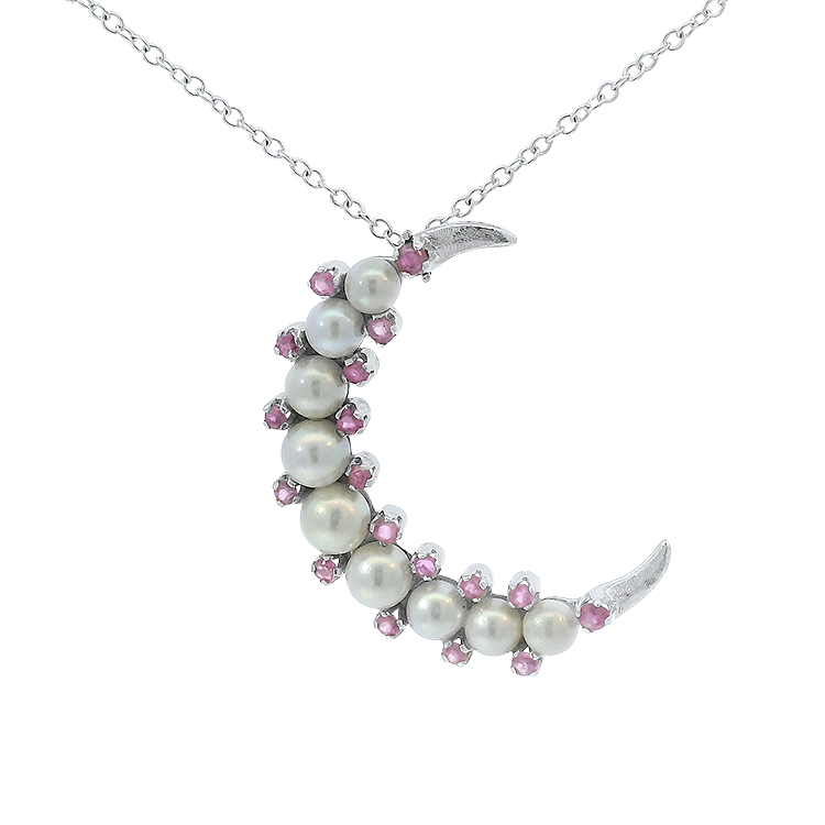 PAGE Estate Necklaces and Pendants Estate 14/18k White Gold Pearl and Ruby Moon Necklace
