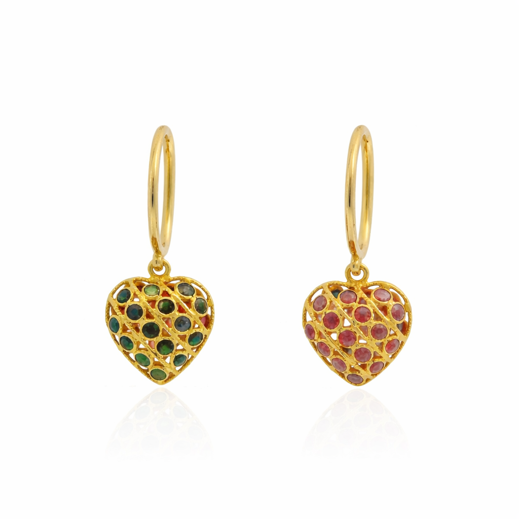 PAGE Estate Earrings Estate 14/18K Yellow Gold Ruby & Sapphire Heart Dangle Earrings