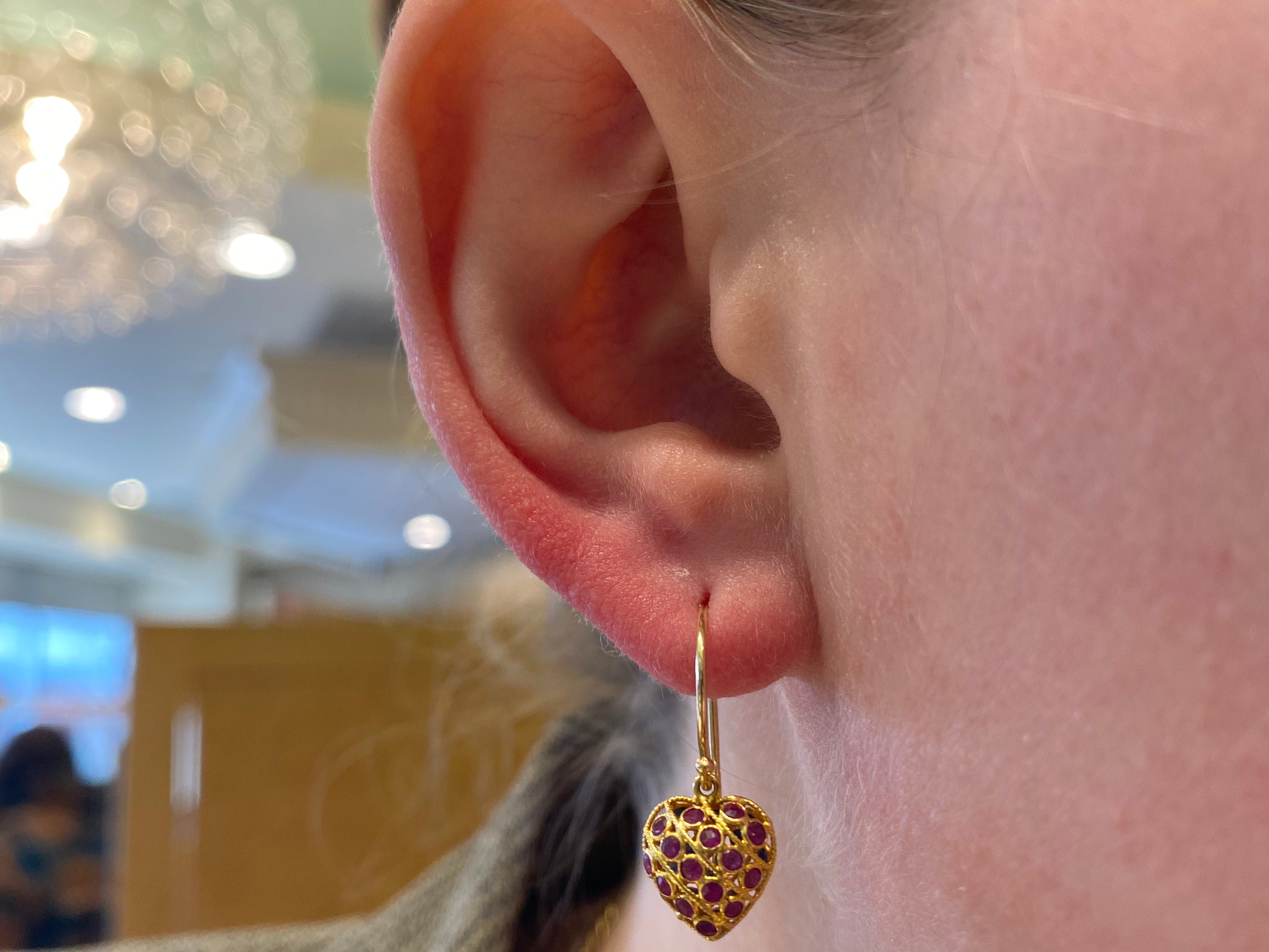 PAGE Estate Earrings Estate 14/18K Yellow Gold Ruby & Sapphire Heart Dangle Earrings