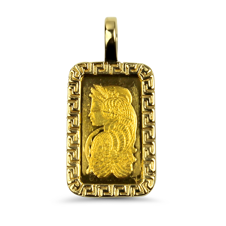 Estate 14K 24K Yellow Gold Lady Fortuna Gold Bar Pendant