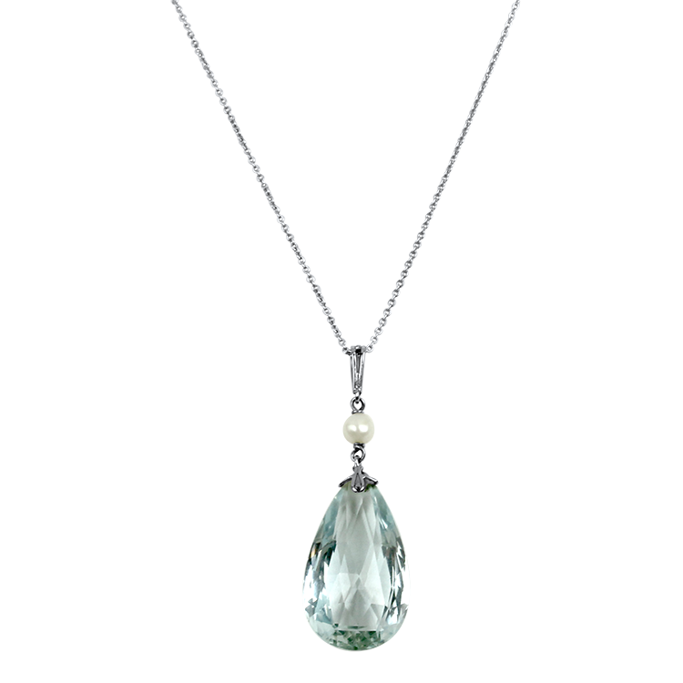 PAGE Estate Necklaces and Pendants Estate 14k White Gold Aquamarine & Pearl Pendant Necklace