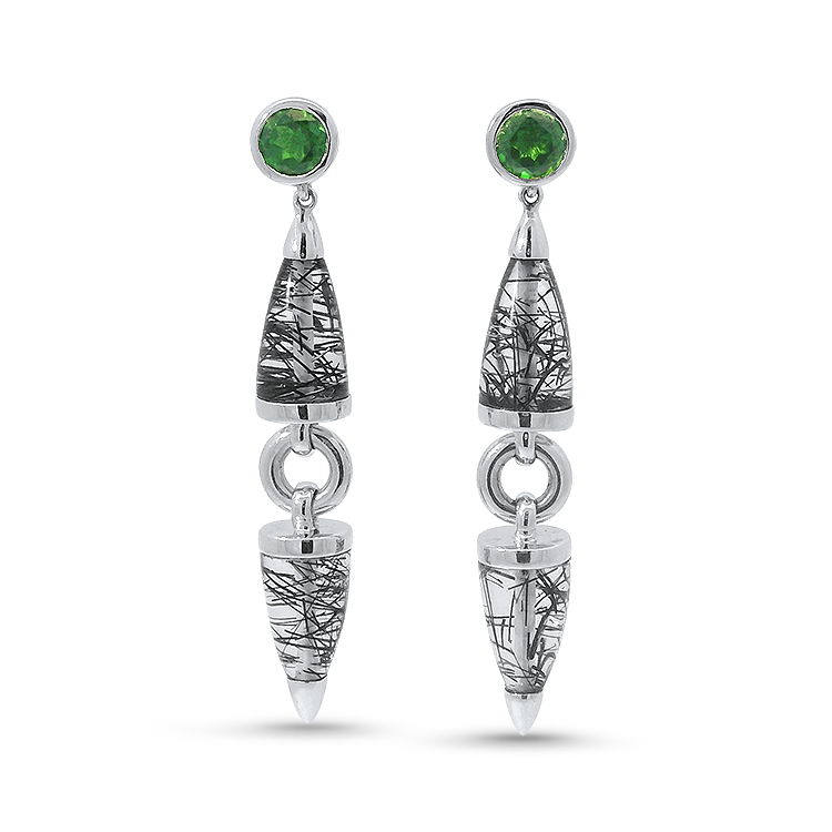 PAGE Estate Earrings Estate 14k White Gold Chrome Diopside & Tourmalinated Quartz Dangle Earrings