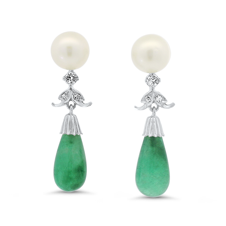 PAGE Estate Earring Estate 14k White Gold Emerald and Pearl Teardrop Earrings