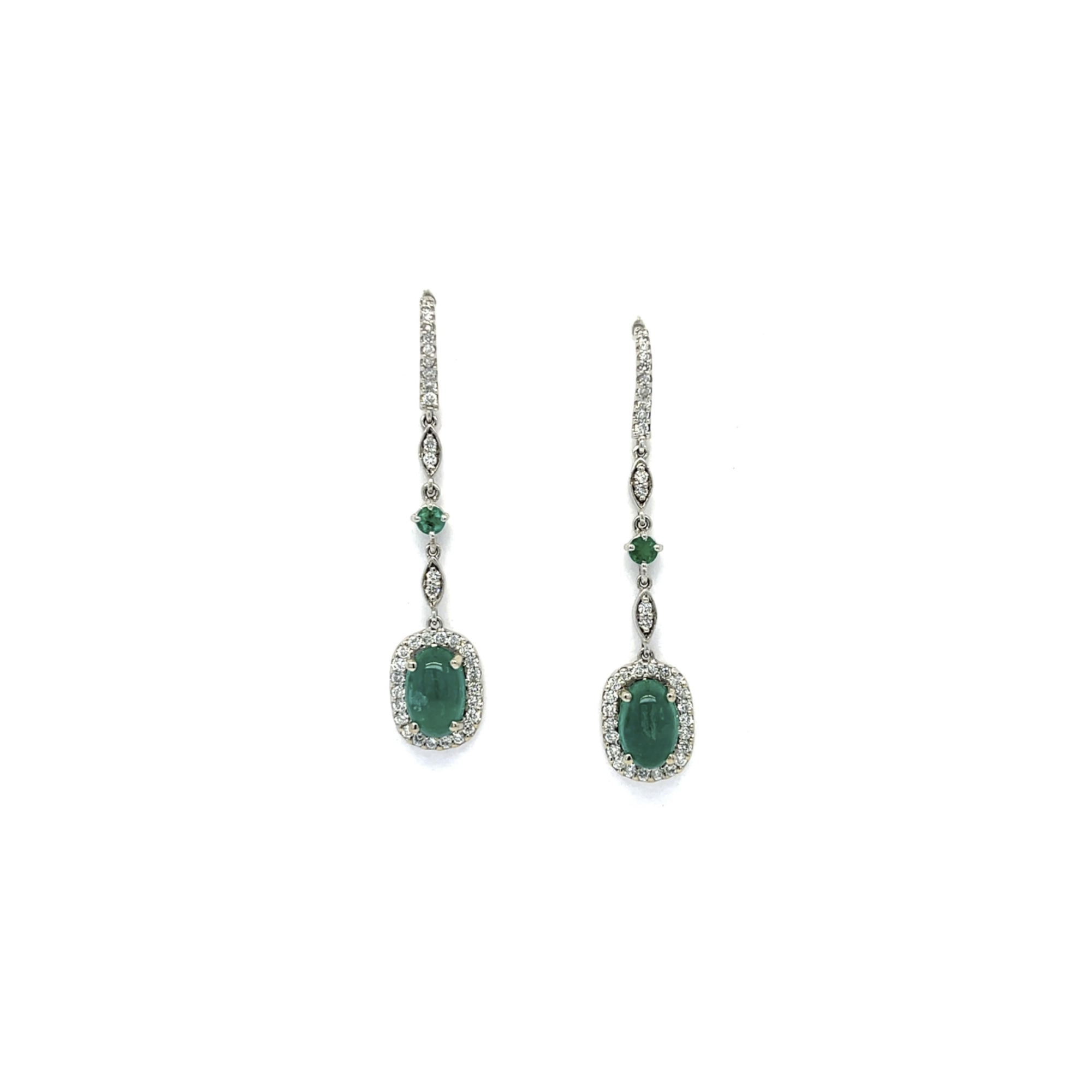 PAGE Estate Earring Estate 14K White Gold Emerald Cabochon & Diamond Dangle Earrings