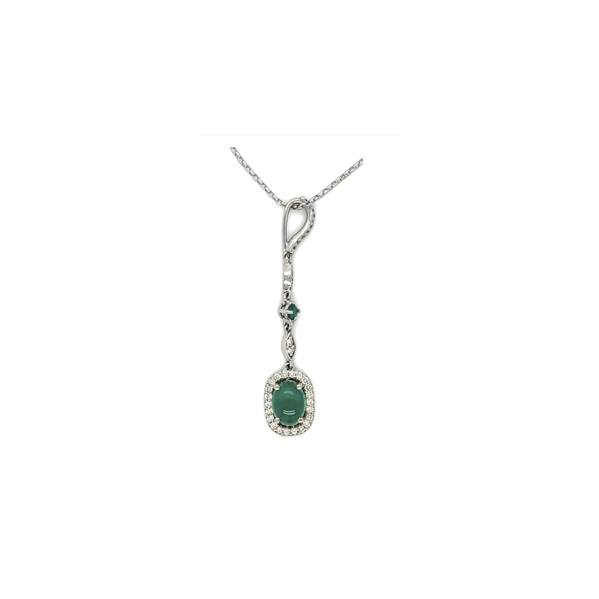 PAGE Estate Necklaces and Pendants Estate 14K White Gold Emerald Cabochon & Diamond Pendant Necklace