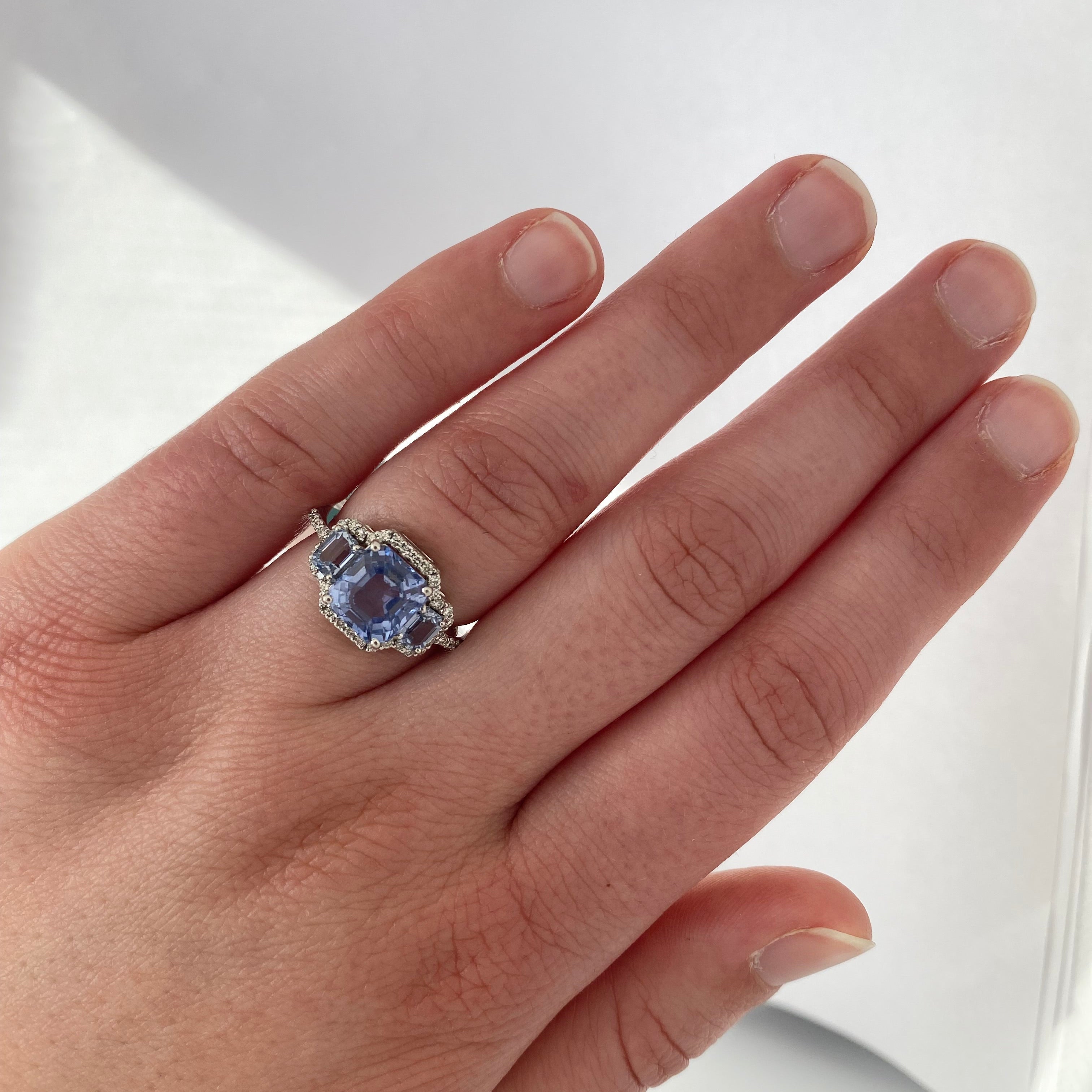 PAGE Estate Ring Estate 14K White Gold Emerald-Cut Sapphire & Diamond Ring 6