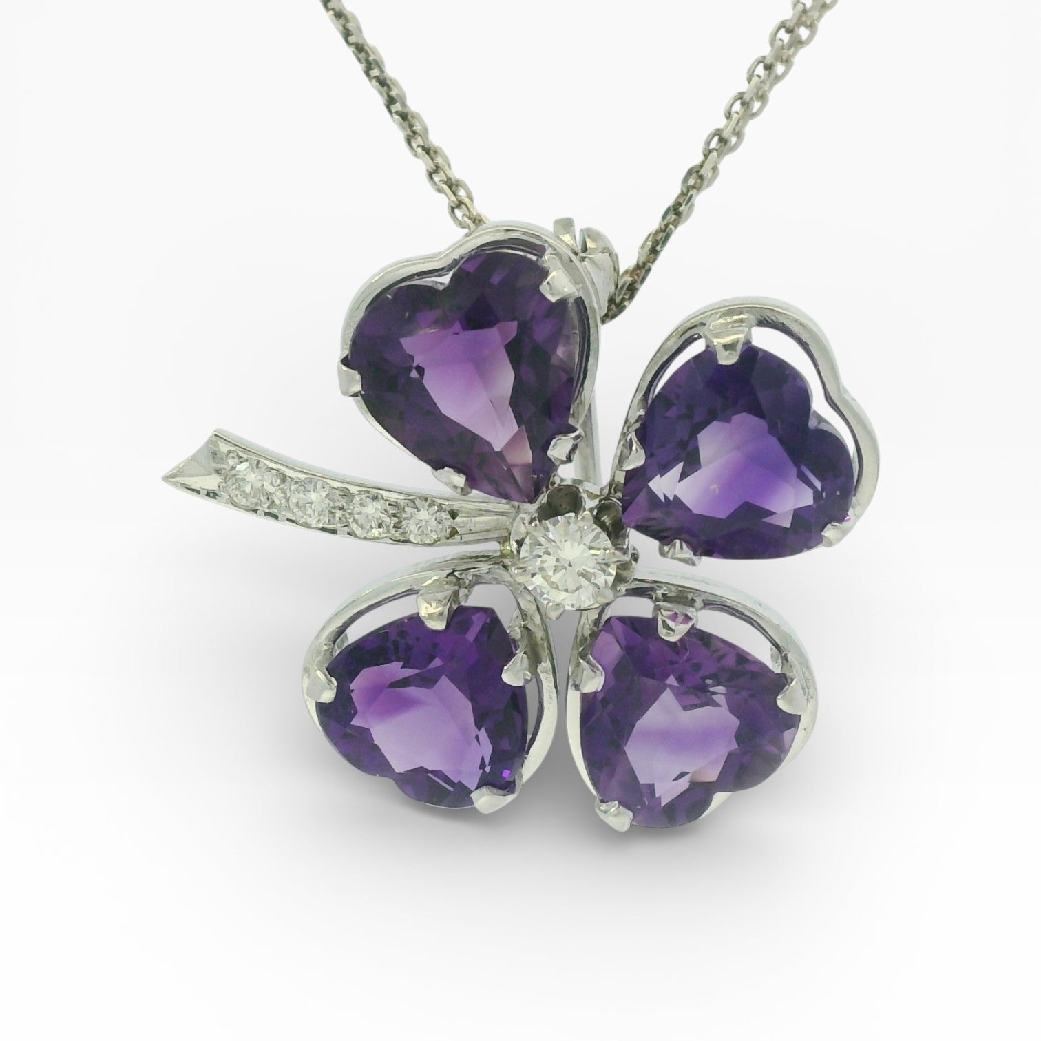 PAGE Estate Pins & Brooches Estate 14K White Gold Heart Shaped Amethyst Clover Pin