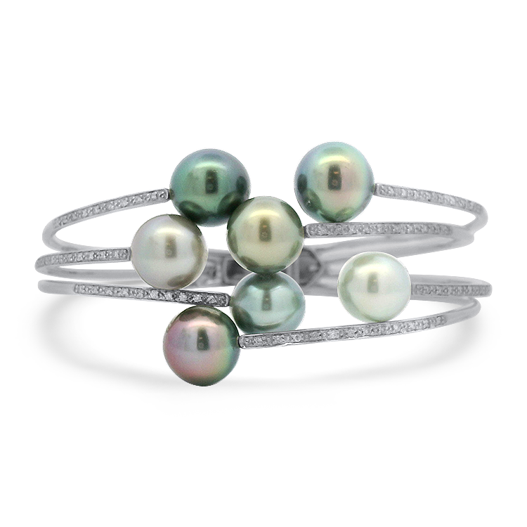 PAGE Estate Bracelet Estate 14k White Gold Hinged Cuff Bracelet with Grey Pearls & Diamonds