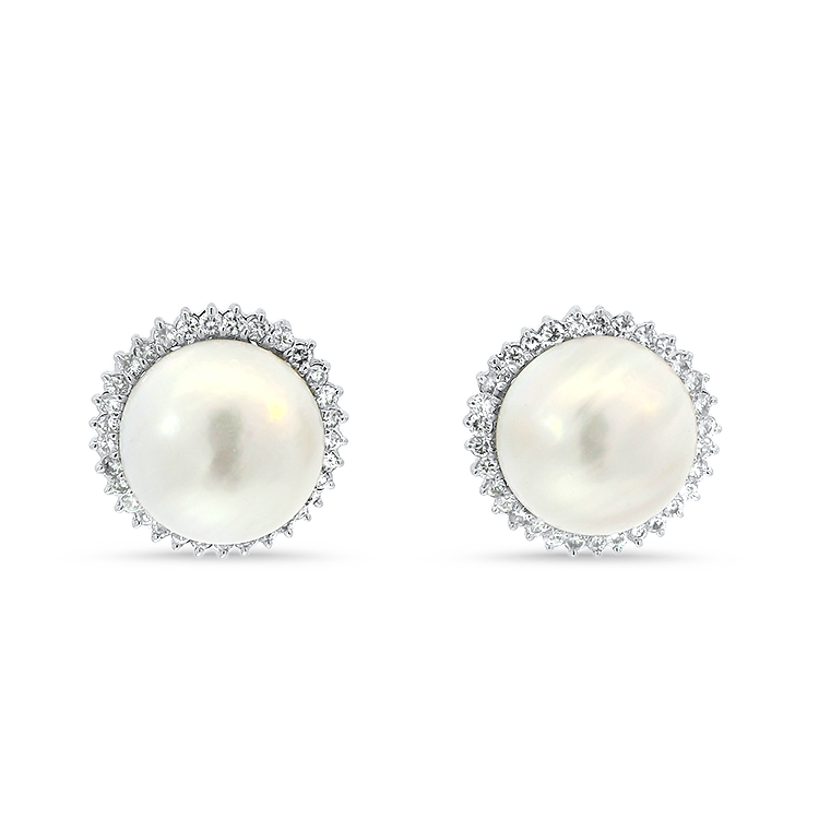 PAGE Estate Earrings Estate 14k White Gold Mabe Pearl and Diamond Halo Stud Earrings