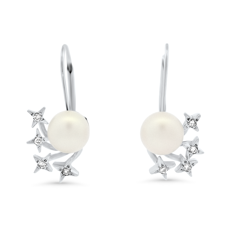 PAGE Estate Earrings Estate 14k White Gold Pearl and Diamond Star Drop Earrings