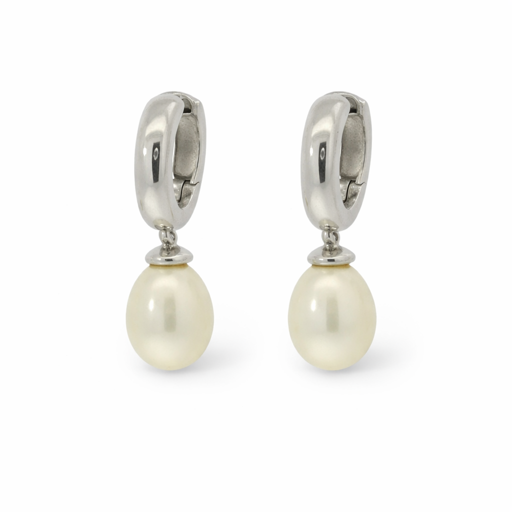 PAGE Estate Earrings Estate 14K White Gold Pearl Huggie Drop Earrings