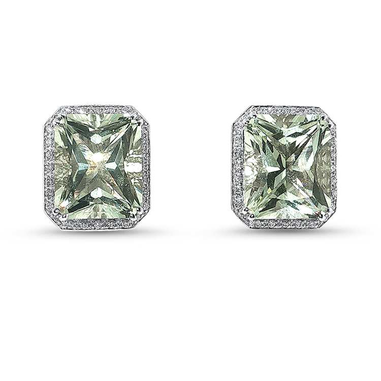 PAGE Estate Earrings Estate 14K White Gold Radiant-Cut Prasiolite & Diamond Halo Earrings