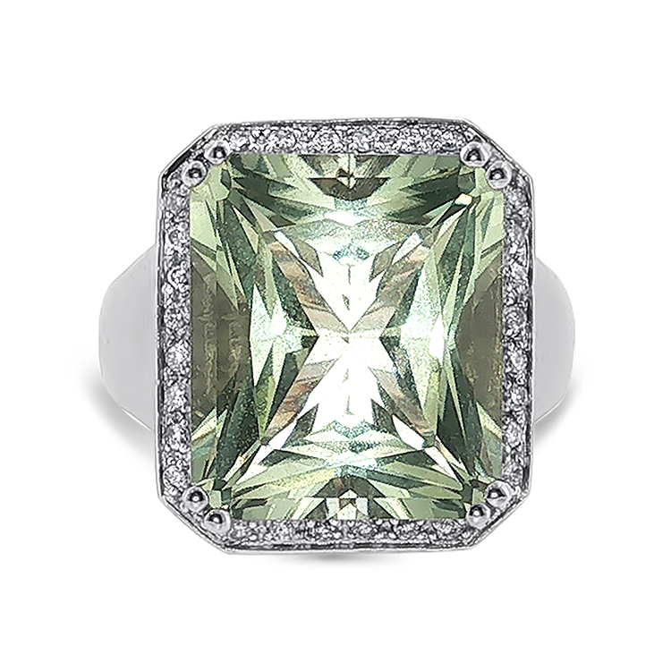 PAGE Estate Ring Estate 14K White Gold Radiant-Cut Prasiolite & Diamond Halo Ring