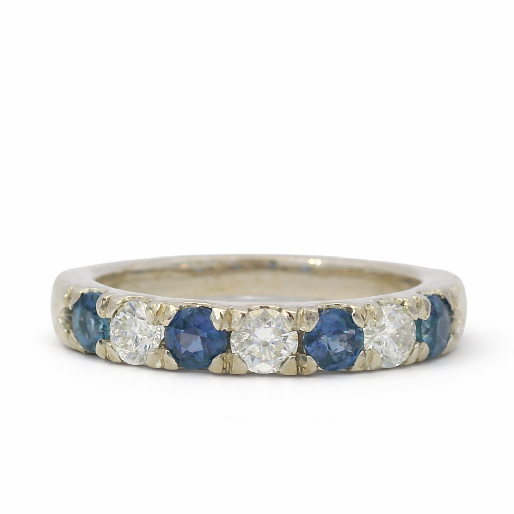 PAGE Estate Wedding Band Estate 14K White Gold Sapphire & Diamond Band