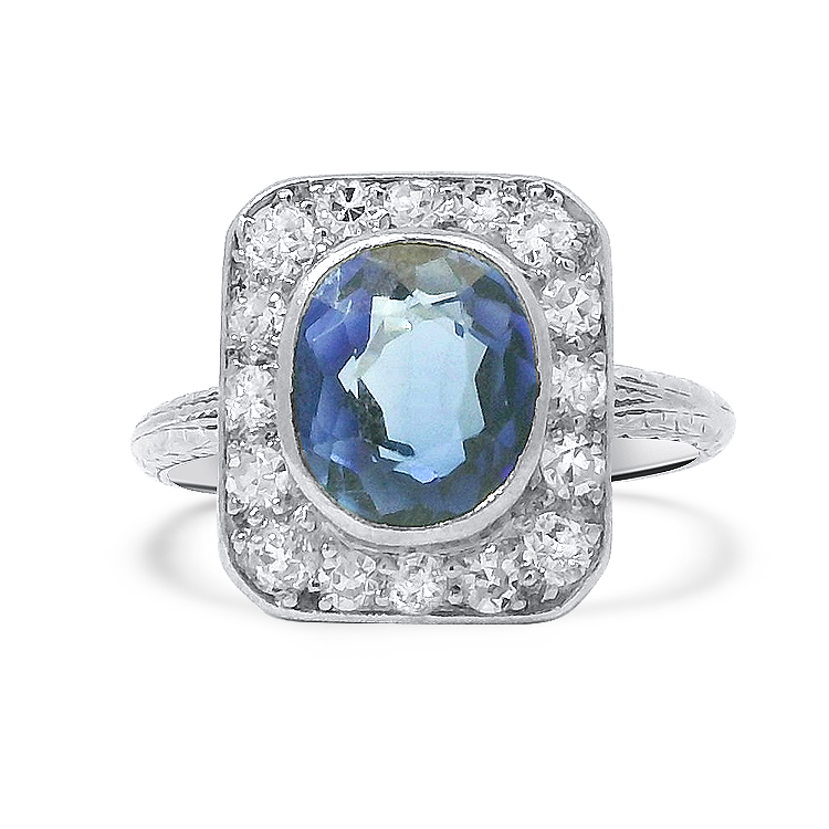 PAGE Estate Ring Estate 14K White Gold Synthetic Sapphire Diamond Bezel Ring 6