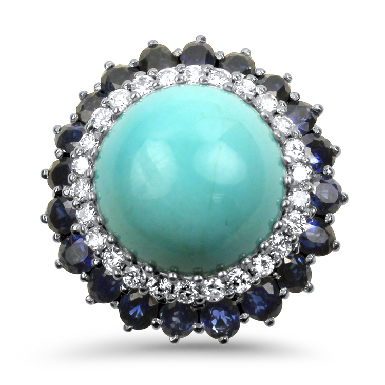 PAGE Estate Ring Estate 14K White Gold Turquoise, Diamond, & Sapphire Ring 6.5