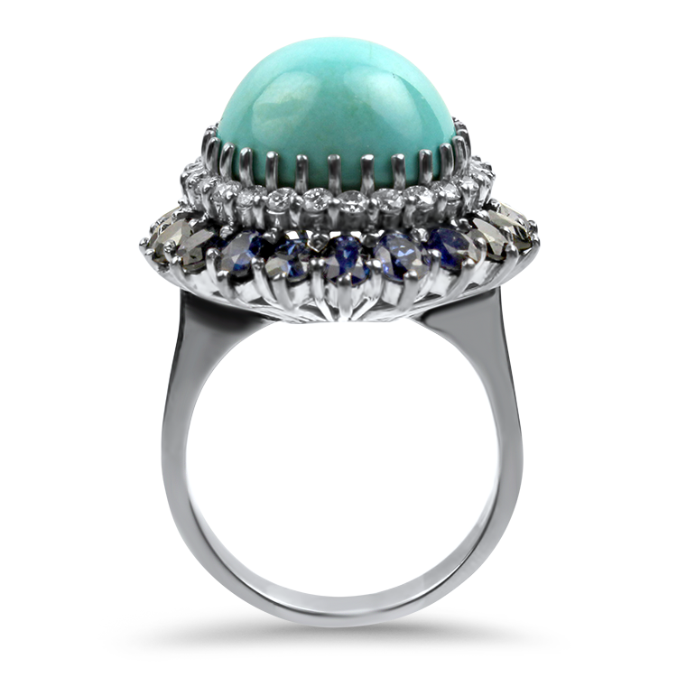PAGE Estate Ring Estate 14K White Gold Turquoise, Diamond, & Sapphire Ring 6.5
