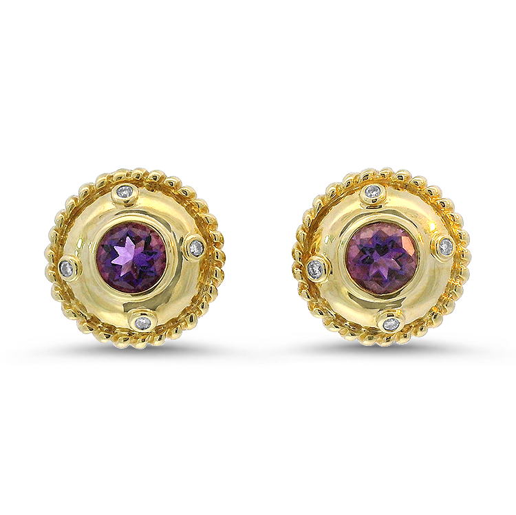 PAGE Estate Earrings Estate 14K Yellow Gold Amethyst & Diamond Stud Earrings