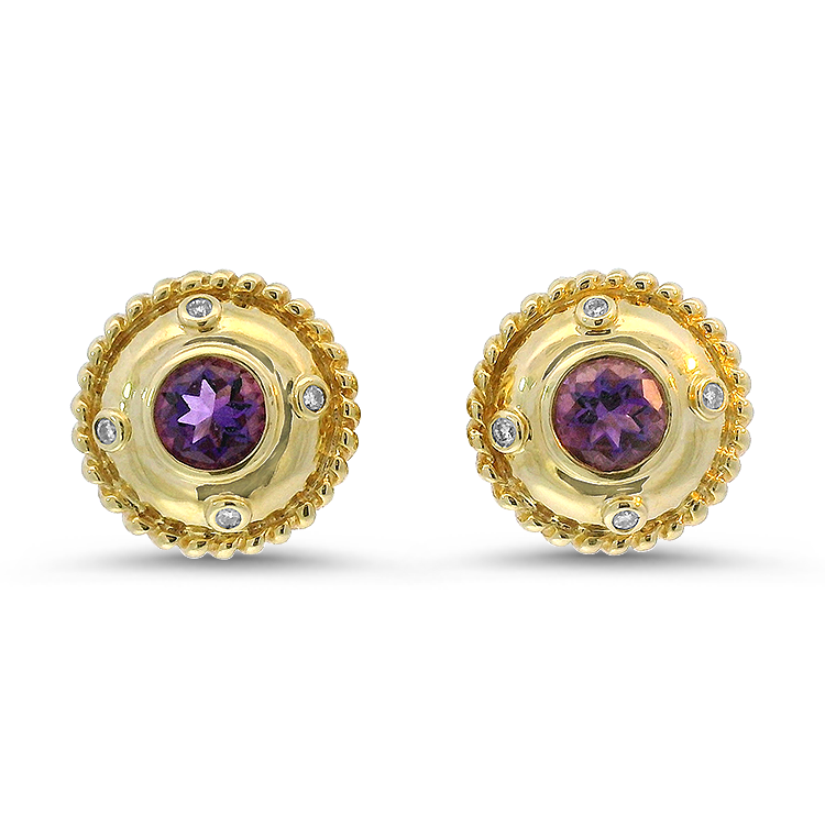 PAGE Estate Earrings Estate 14K Yellow Gold Amethyst & Diamond Stud Earrings