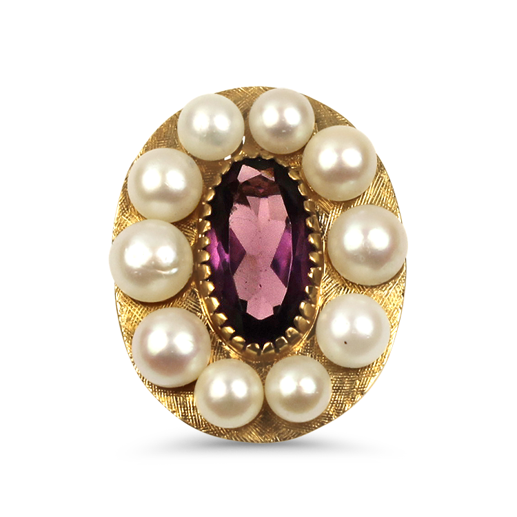 PAGE Estate Ring Estate 14K Yellow Gold Amethyst & Pearl Halo Ring 8.75