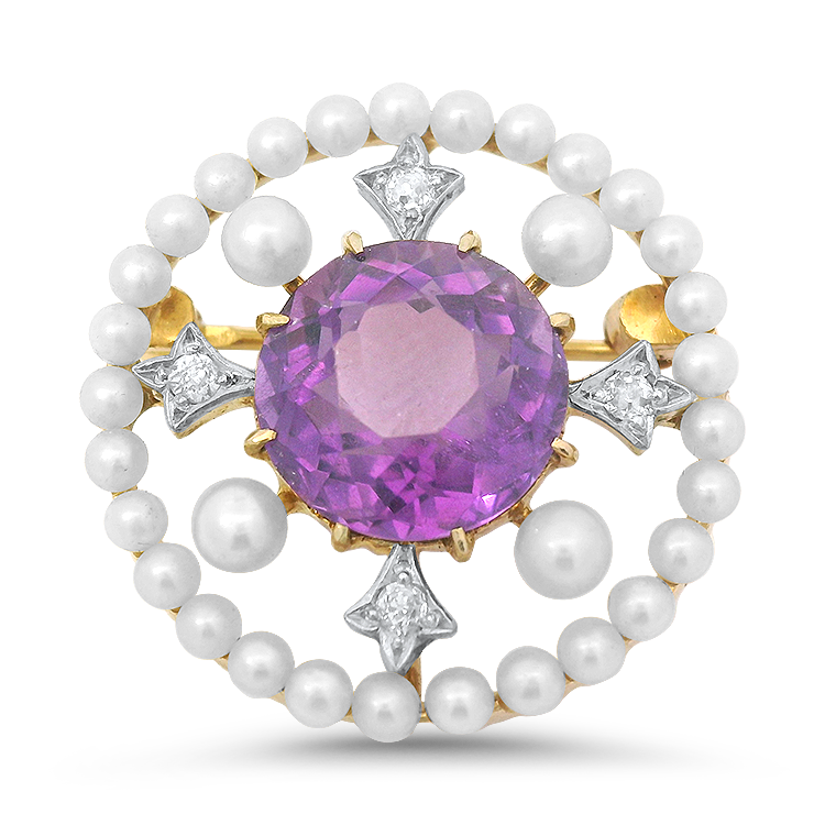 PAGE Estate Pins & Brooches Estate 14k Yellow Gold Amethyst, Seed Pearl & Diamond Brooch