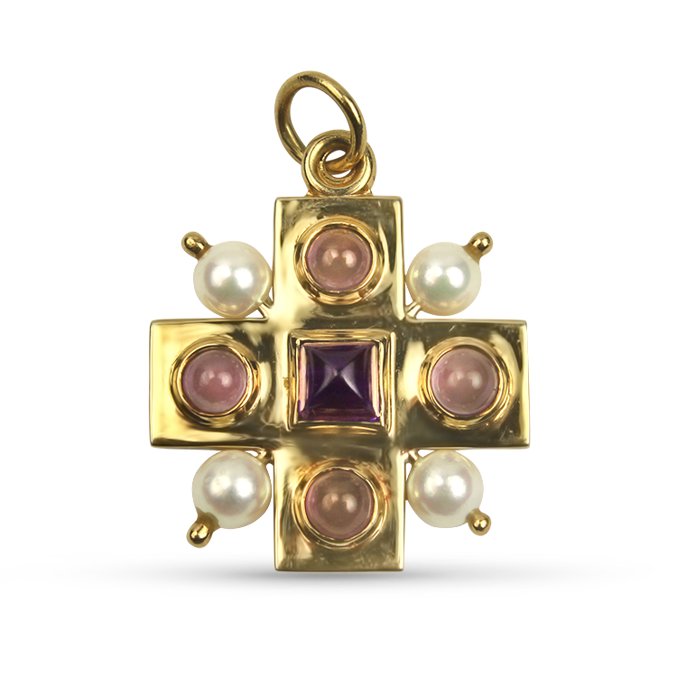 PAGE Estate Necklaces and Pendants Estate 14k Yellow Gold Amythest & Pearl Square Cross Pendant
