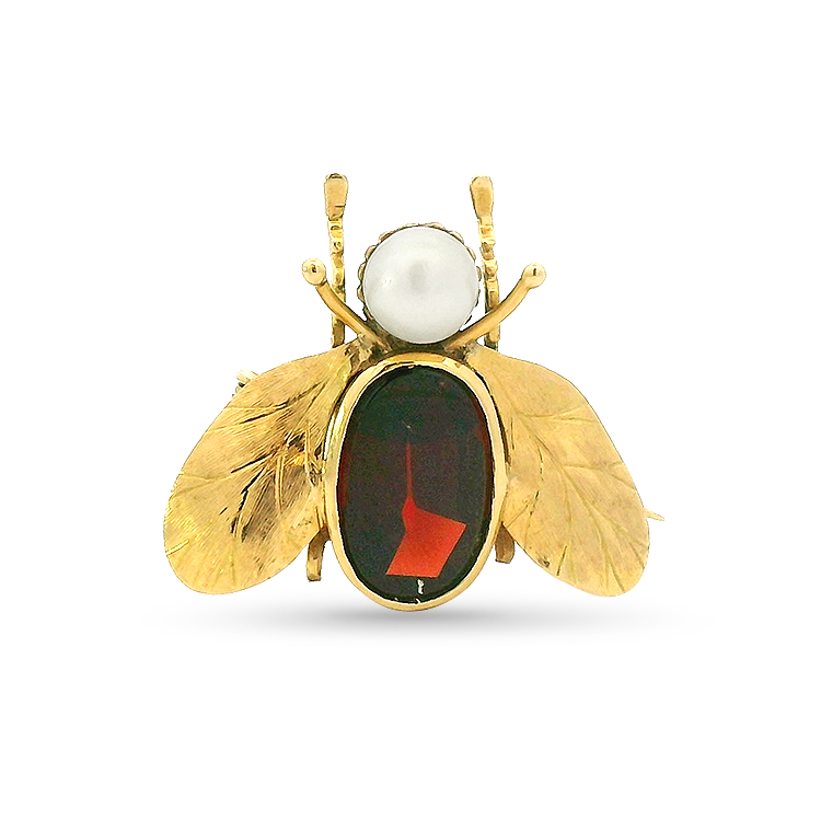 PAGE Estate Pins & Brooches Estate 14k Yellow Gold and Silver Pearl & Garnet Fly Pin