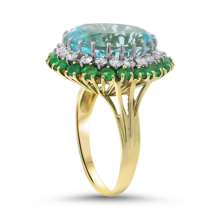 PAGE Estate Ring Estate 14K Yellow Gold Blue Topaz, Emerald & Diamond Double-Halo Ring