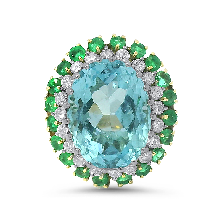 PAGE Estate Ring Estate 14K Yellow Gold Blue Topaz, Emerald & Diamond Double-Halo Ring