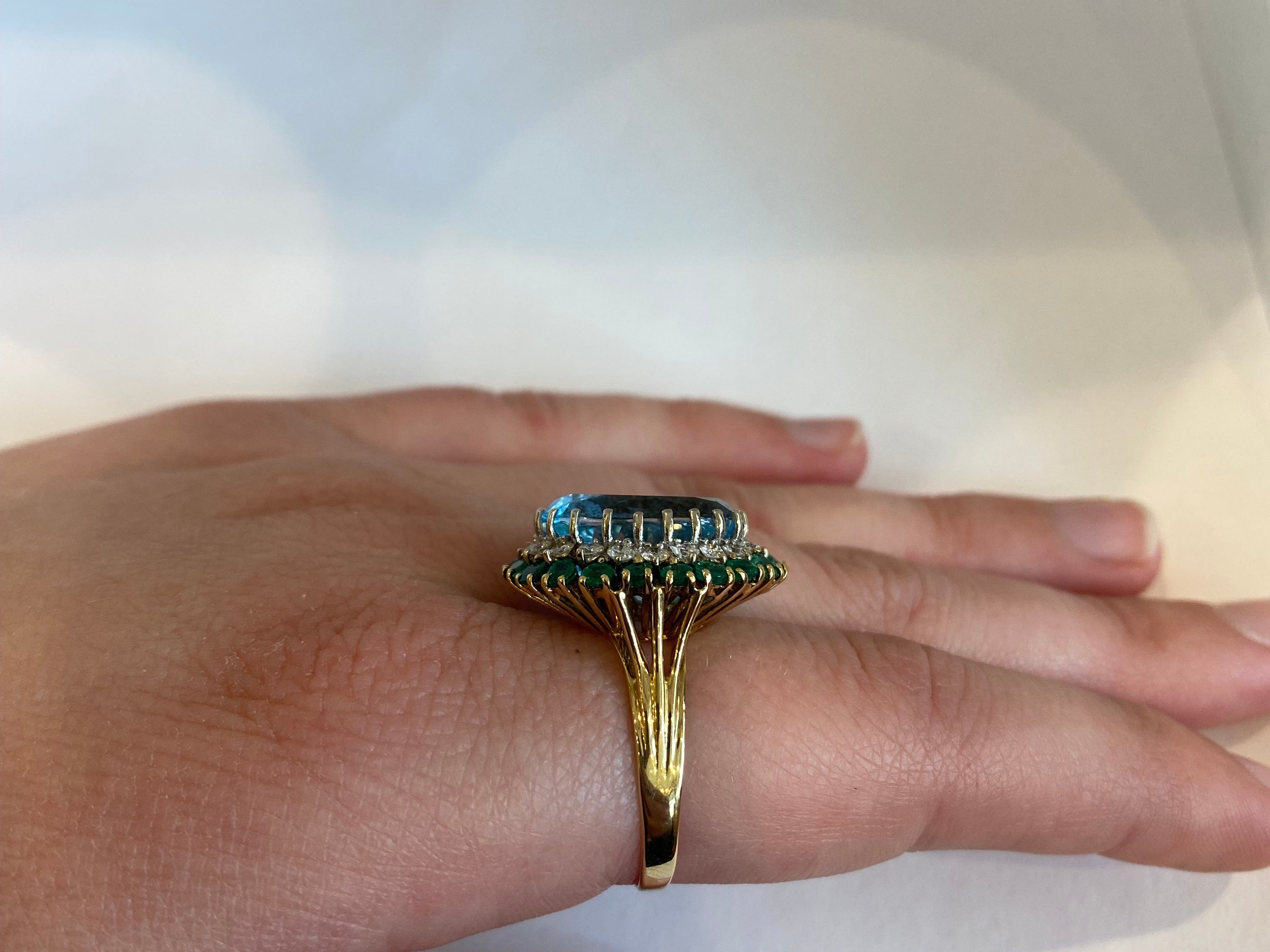 PAGE Estate Ring Estate 14K Yellow Gold Blue Topaz, Emerald & Diamond Double-Halo Ring