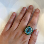 PAGE Estate Ring Estate 14K Yellow Gold Blue Topaz, Emerald & Diamond Double-Halo Ring