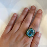 PAGE Estate Ring Estate 14K Yellow Gold Blue Topaz, Emerald & Diamond Double-Halo Ring