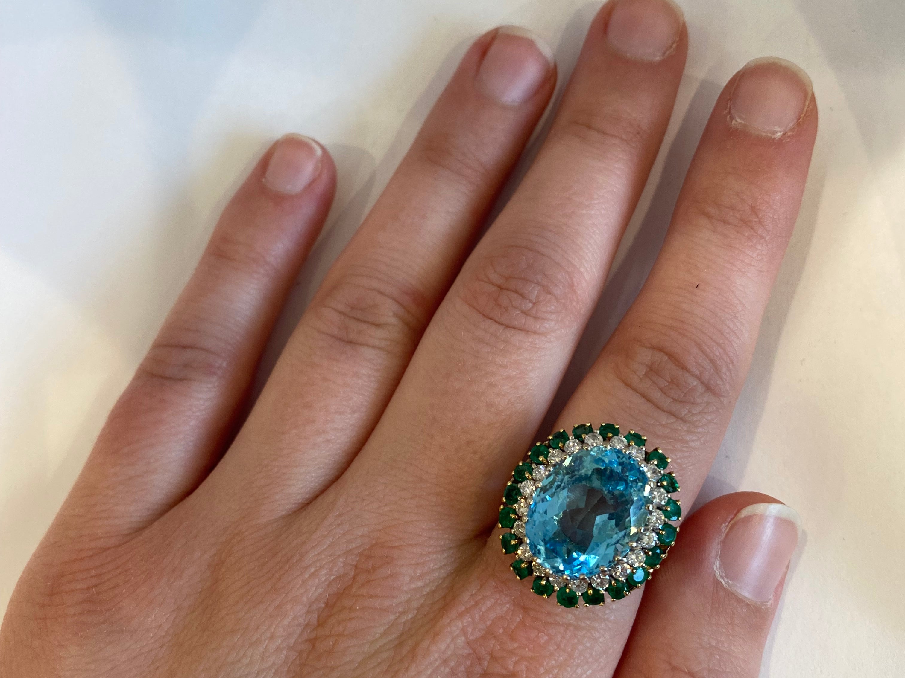 PAGE Estate Ring Estate 14K Yellow Gold Blue Topaz, Emerald & Diamond Double-Halo Ring