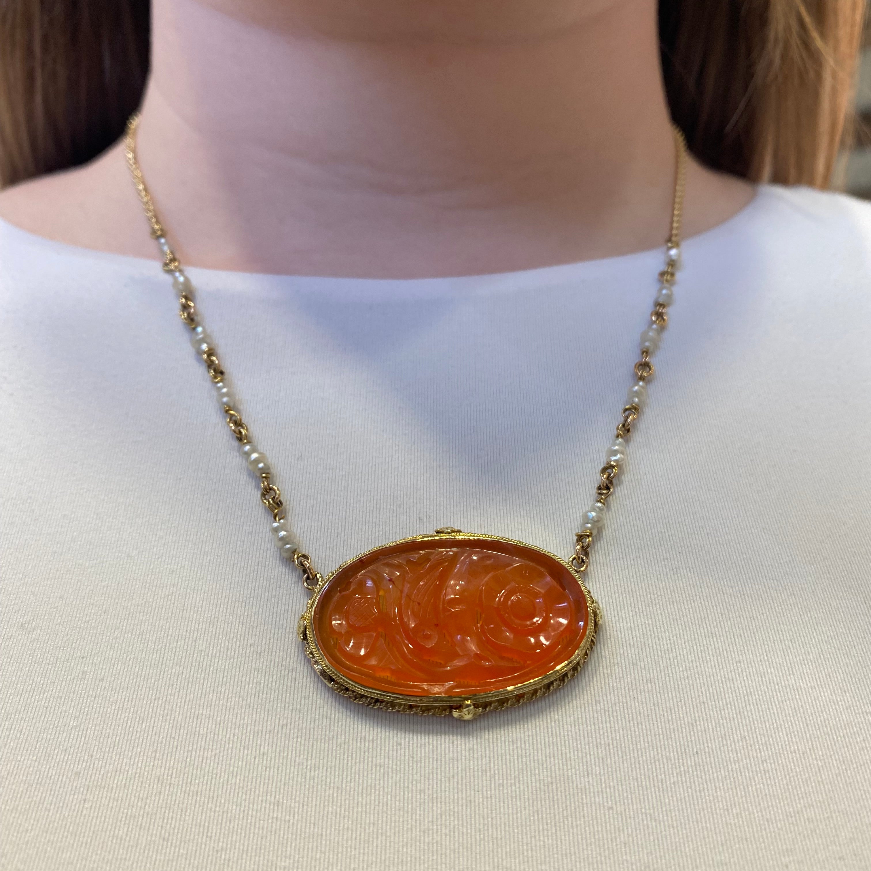 PAGE Estate Necklaces and Pendants Estate 14K Yellow Gold Carnelian & Pearl Necklace