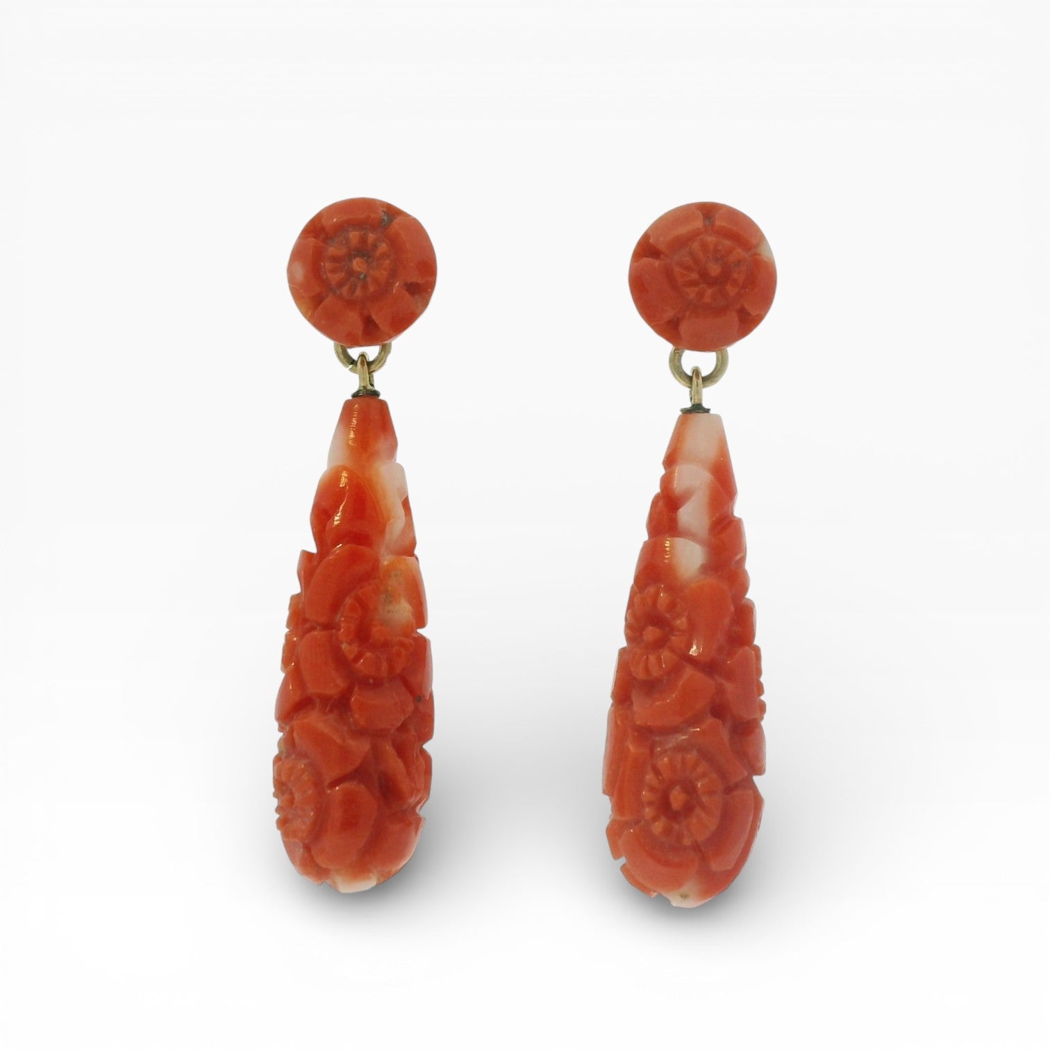 PAGE Estate Earrings Estate 14K Yellow Gold Carved Coral Drop Earrings
