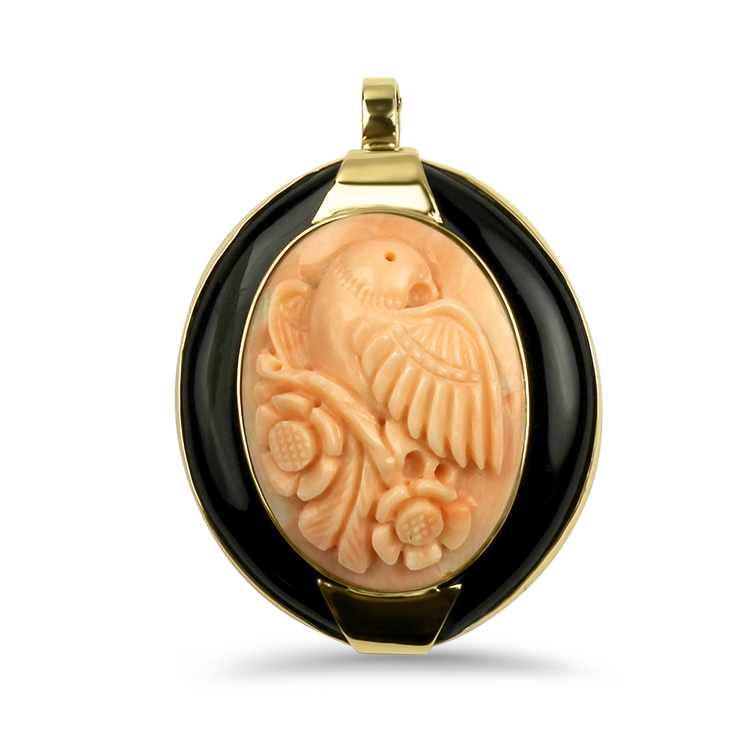 PAGE Estate Necklaces and Pendants Estate 14k Yellow Gold Carved Coral & Onyx Pendant