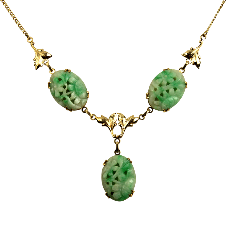PAGE Estate Necklaces and Pendants Estate 14K Yellow Gold Carved Jade Floral Necklace