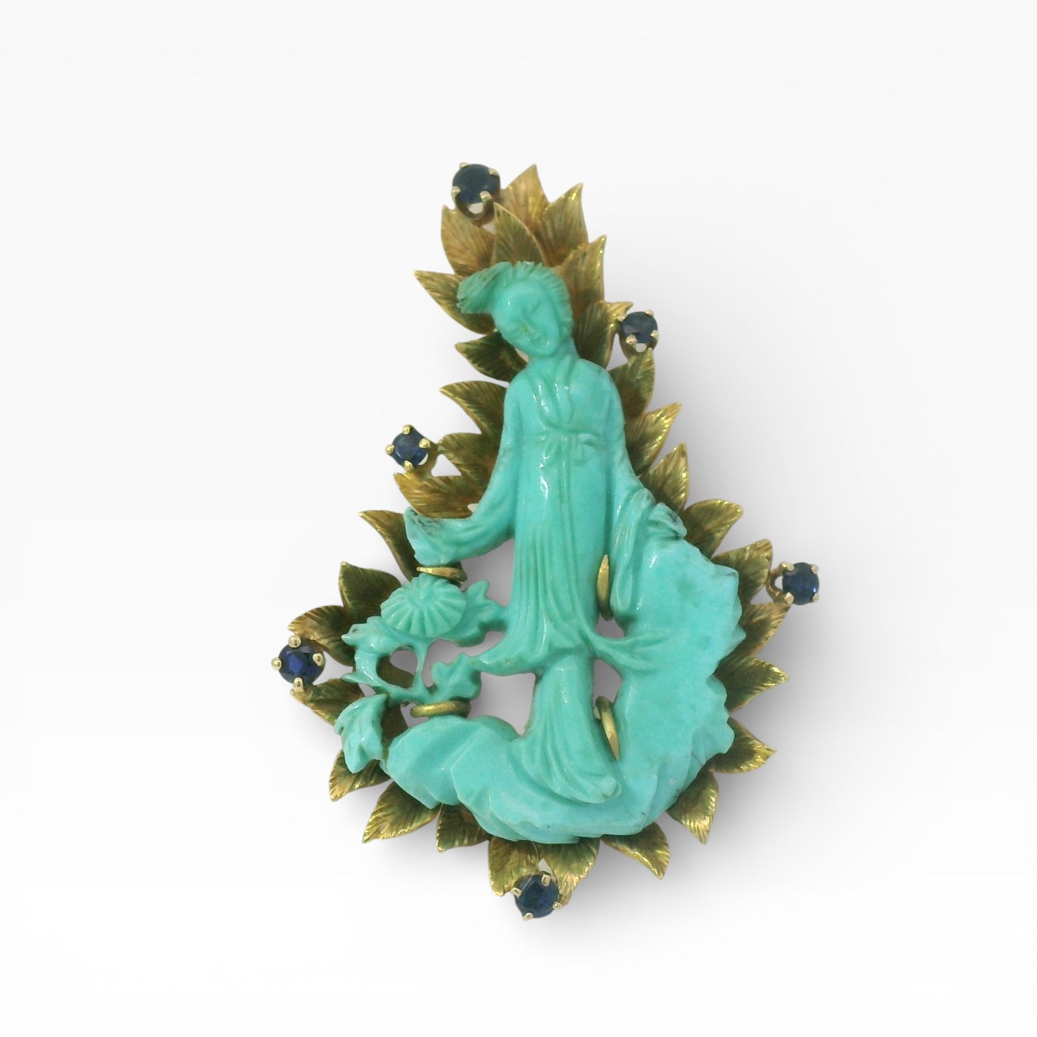 PAGE Estate Pins & Brooches Estate 14K Yellow Gold Carved Turquoise & Sapphire Pin