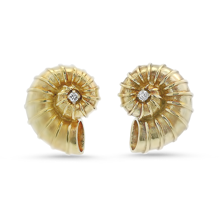 PAGE Estate Earrings Estate 14K Yellow Gold Diamond Shell Motif Clip-On Earrings