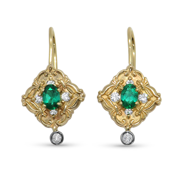 PAGE Estate Earring Estate 14k Yellow Gold Emerald and Diamond Dangle Earrings