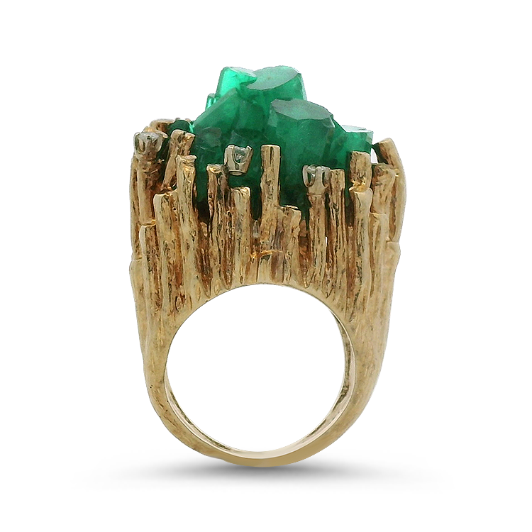 PAGE Estate Ring Estate 14k Yellow Gold Emerald-Cut Chatham Crystal Emerald & Diamond Ring