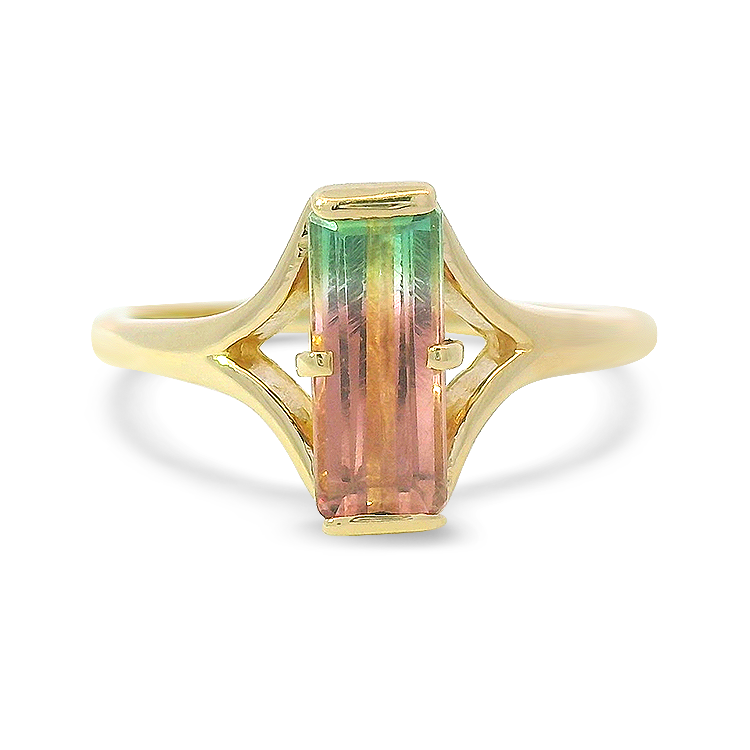 PAGE Estate Ring Estate 14k Yellow Gold Emerald-Cut Watermelon Tourmaline Ring 7.75