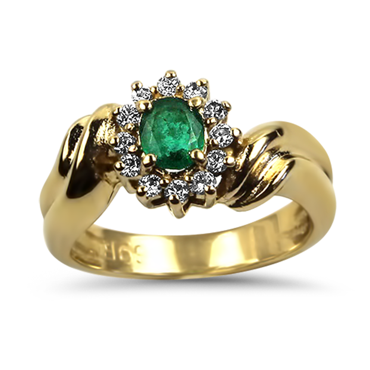 PAGE Estate Ring Estate 14K Yellow Gold Emerald Diamond Halo Bypass Ring