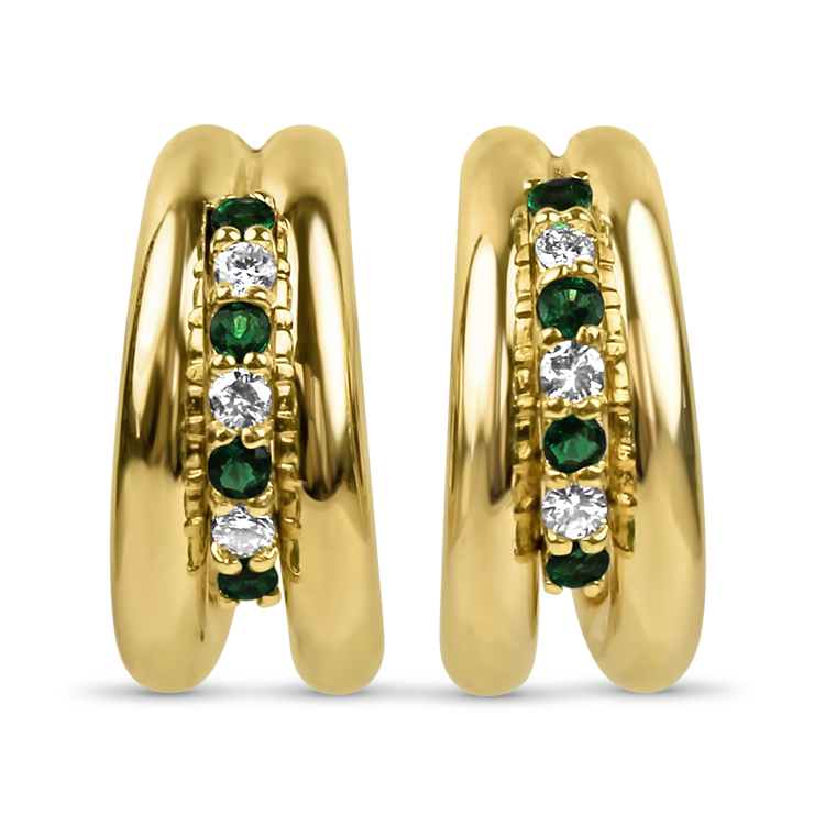 PAGE Estate Earrings Estate 14k Yellow Gold Emerald & Diamond Hoop Earrings