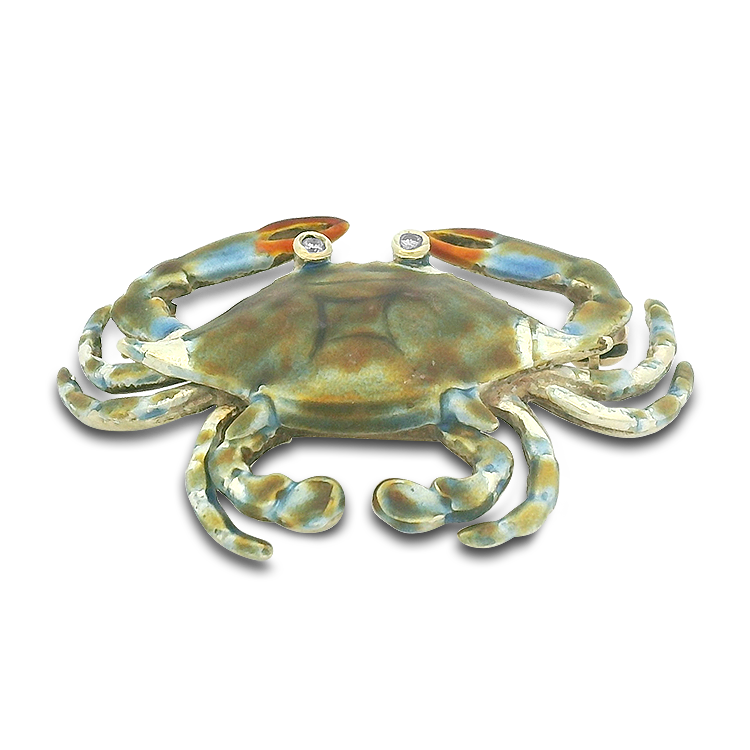 PAGE Estate Estate Jewelry Under 1k Estate 14k Yellow Gold Enamel Crab Pin with Diamond Eyes