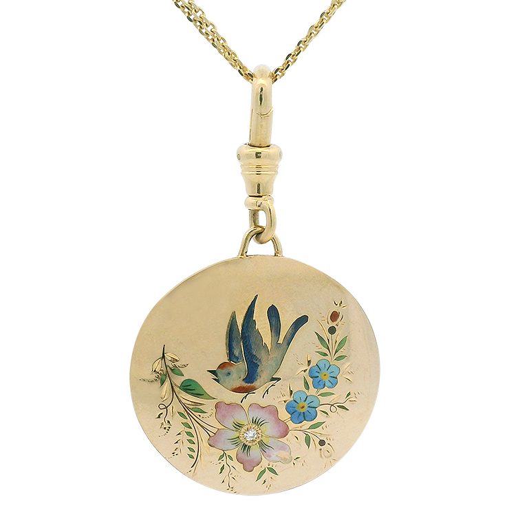 PAGE Estate Necklaces and Pendants Estate 14k Yellow Gold Enamel Floral and Bird Watch Fob Pendant